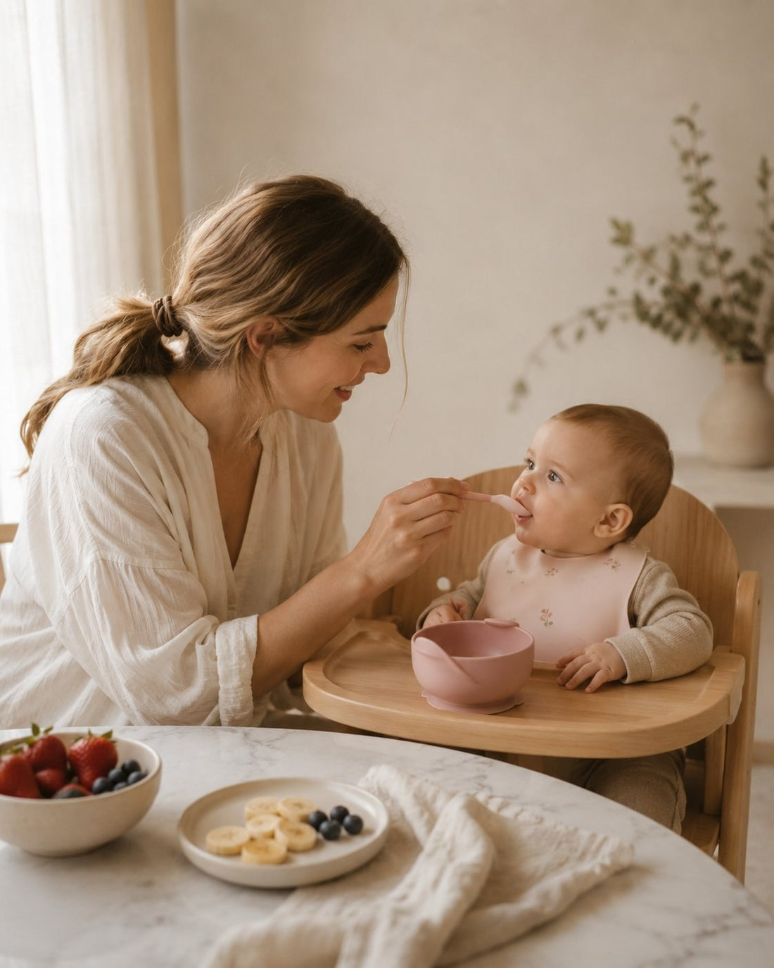 Mom feeding her baby first foods with a soft pink suction bowl