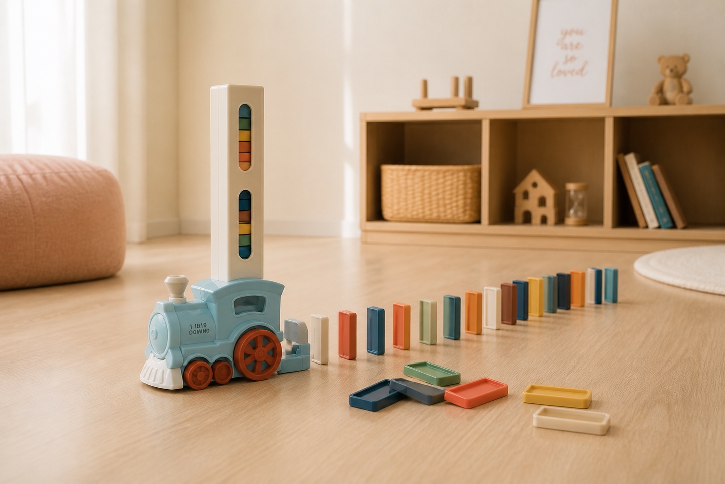 Domino train playset included in the Quiet Play Box