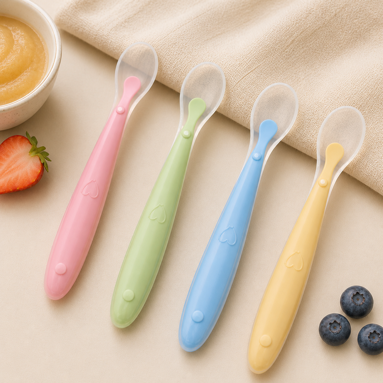 Soft silicone baby spoons included in the First Meals Set