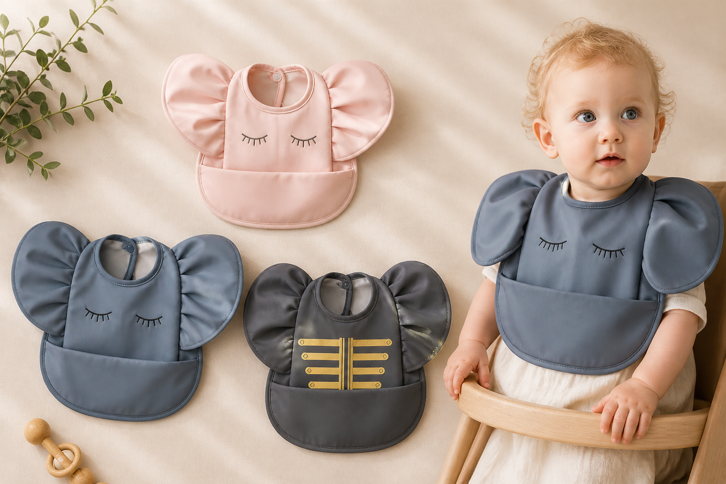 Soft animal baby bib included in the First Meals Set