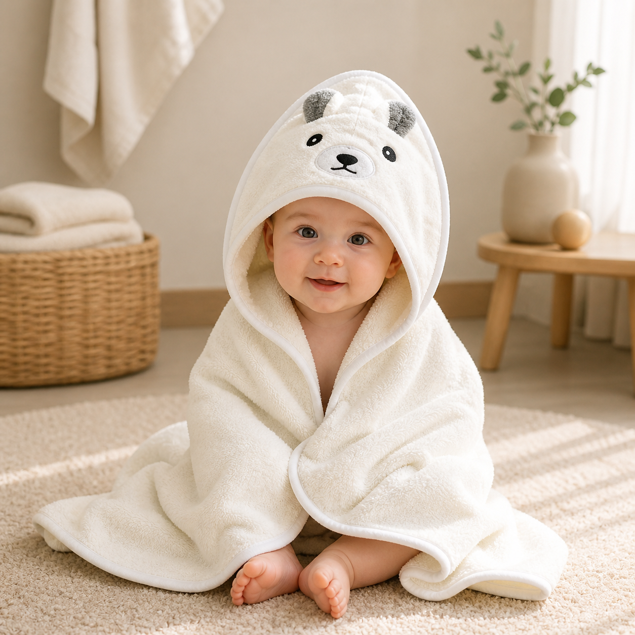 Cozy hooded baby towel included in the Newborn Welcome Set