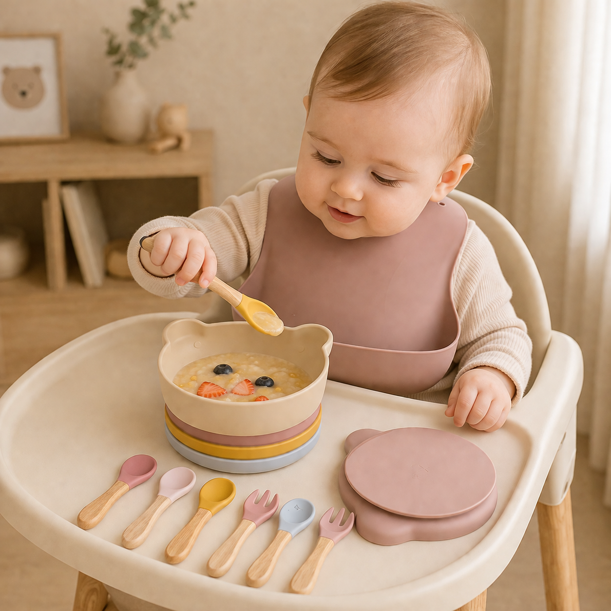 First Meals Set — silicone suction set, spoons, bib bundle — Use Lovy