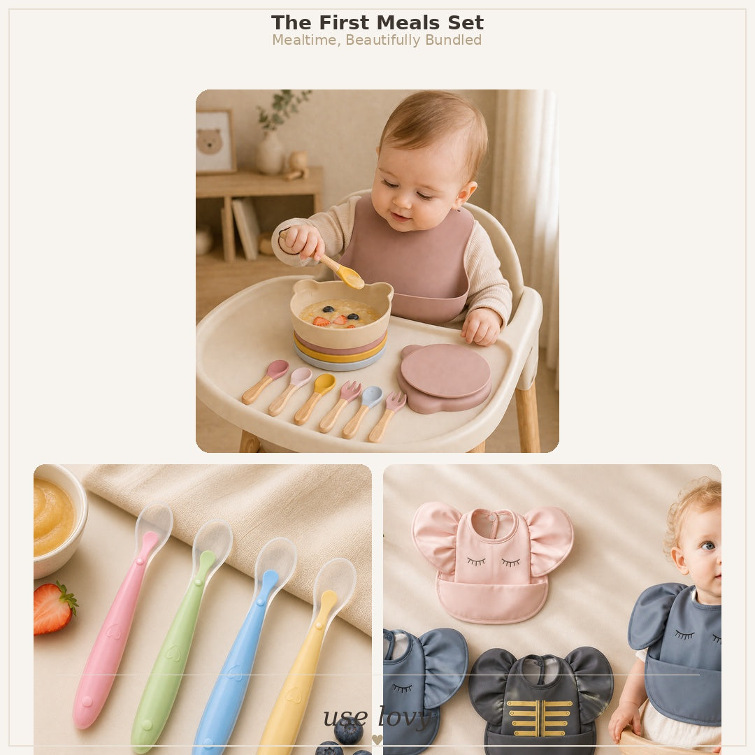 The First Meals Set – Silicone Suction Feeding Set, Baby Spoons and Bib beautifully bundled