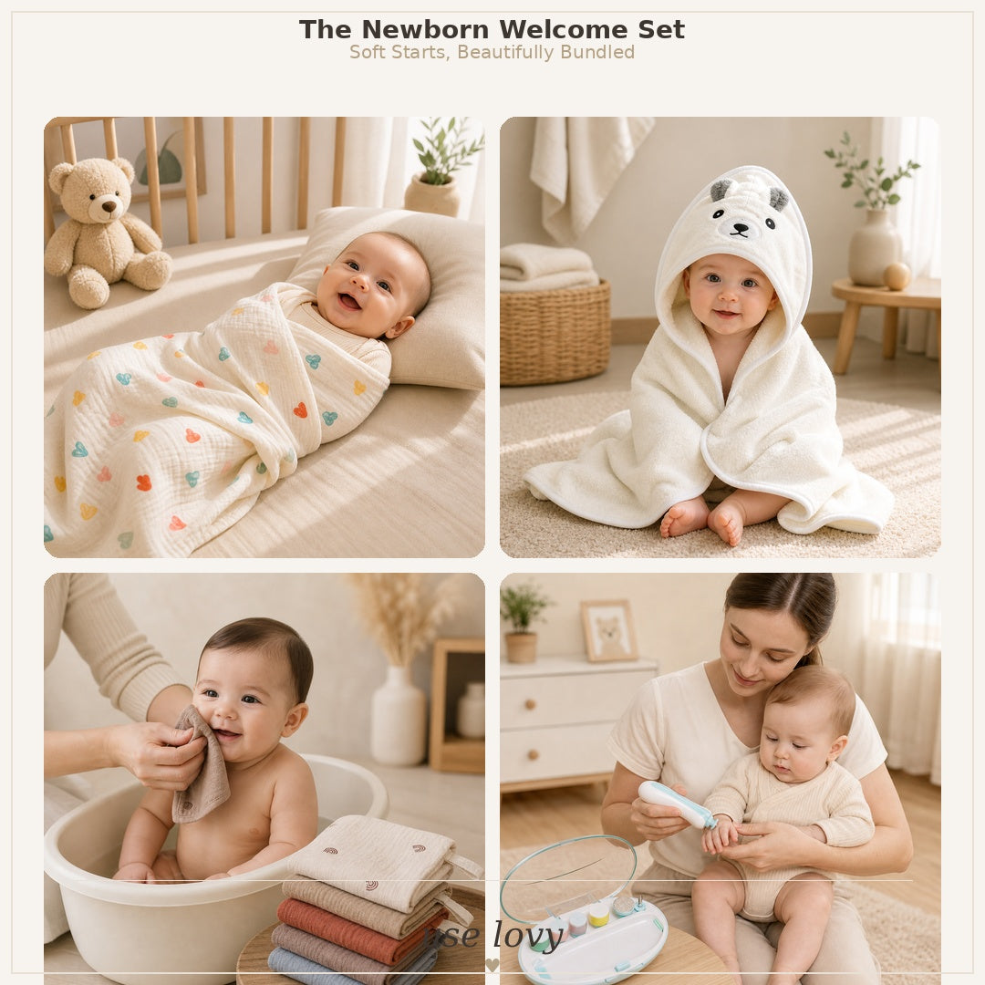 The Newborn Welcome Set – Swaddle, Hooded Towel, Washcloths and Nail Trimmer beautifully bundled
