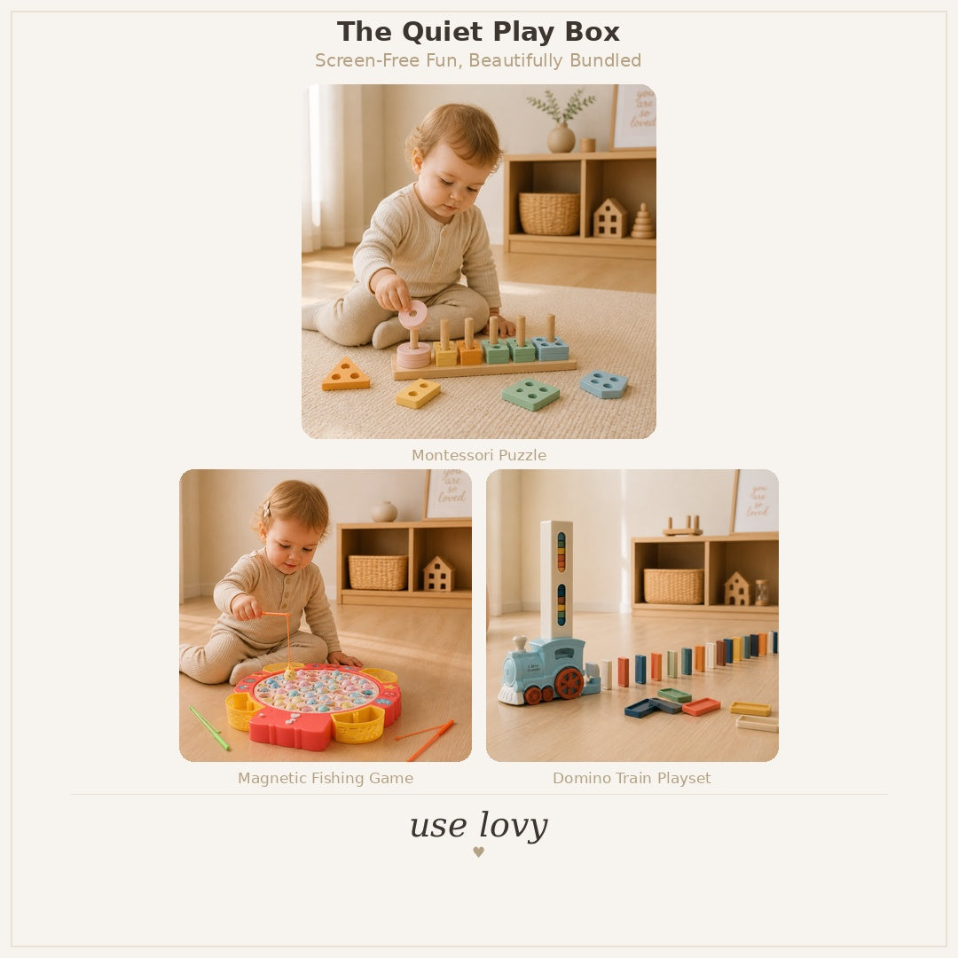 The Quiet Play Box – Montessori Puzzle, Magnetic Fishing Game and Domino Train beautifully bundled