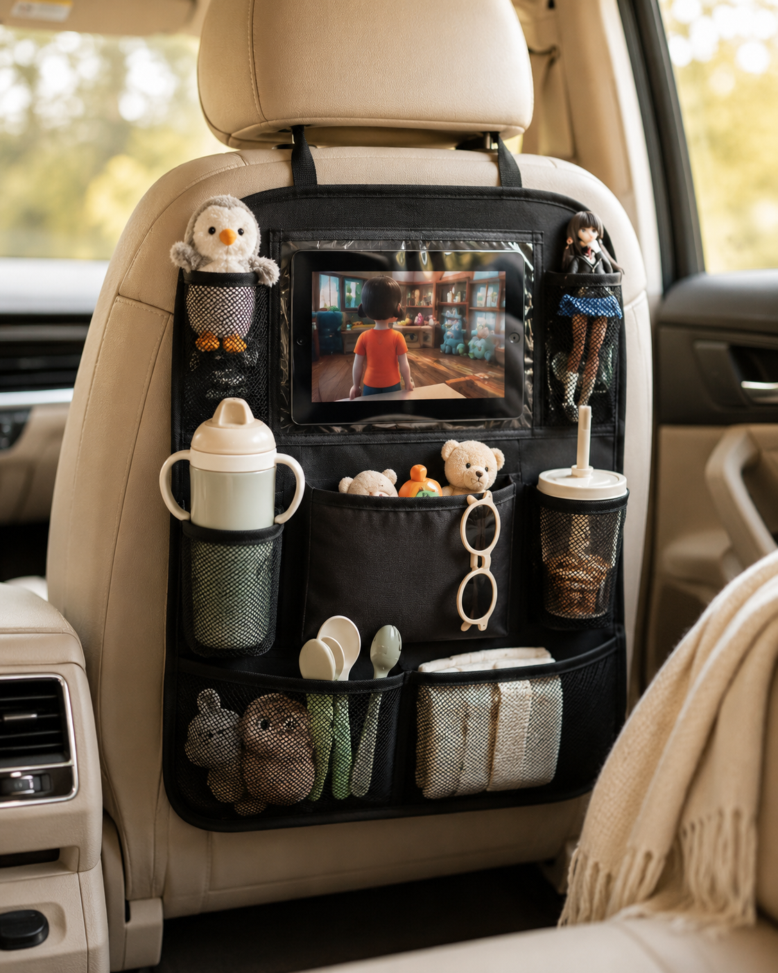 Car Seat Backseat Organizer with tablet holder in Black