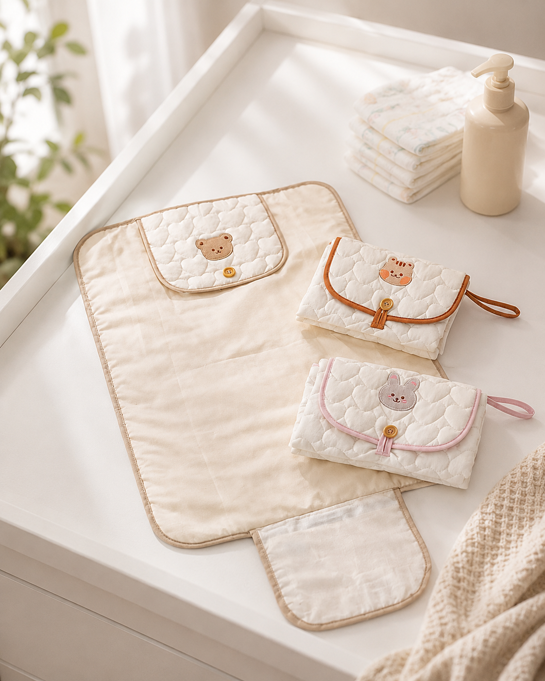 On-the-Go Diaper Changing Kit with quilted pad and pouches