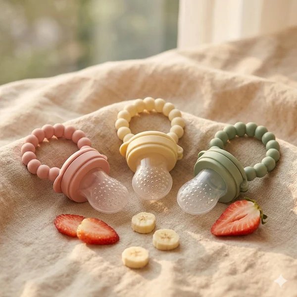 Silicone Baby Food Feeder 3-Pack – Pink, Yellow and Sage pastel colors with fruit | Use Lovy