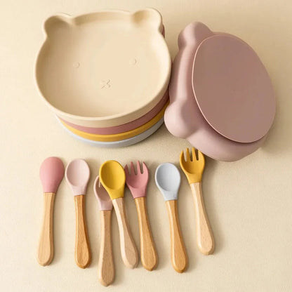 Pastel silicone suction baby feeding set with bowl, plate, spoon, and fork — Use Lovy