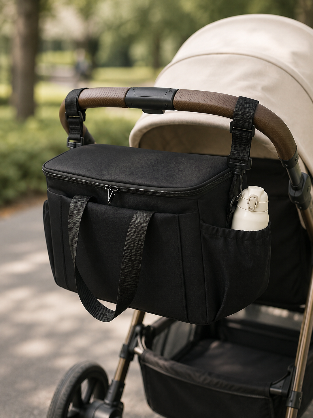Stroller Organizer Bag in Black clipped to handlebar